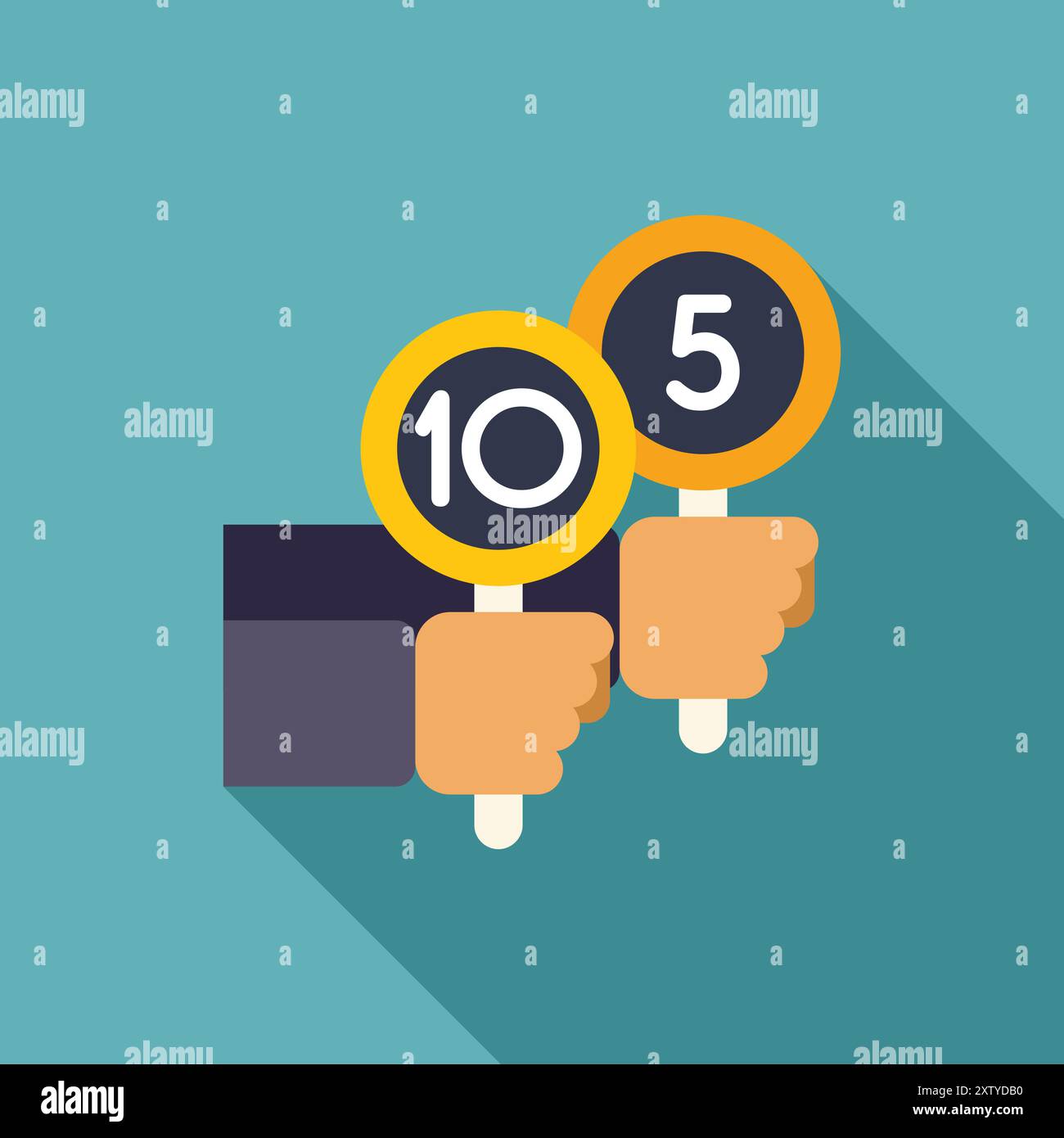 Hands holding scorecard signs with numbers 10 and 5, giving high score Stock Vector