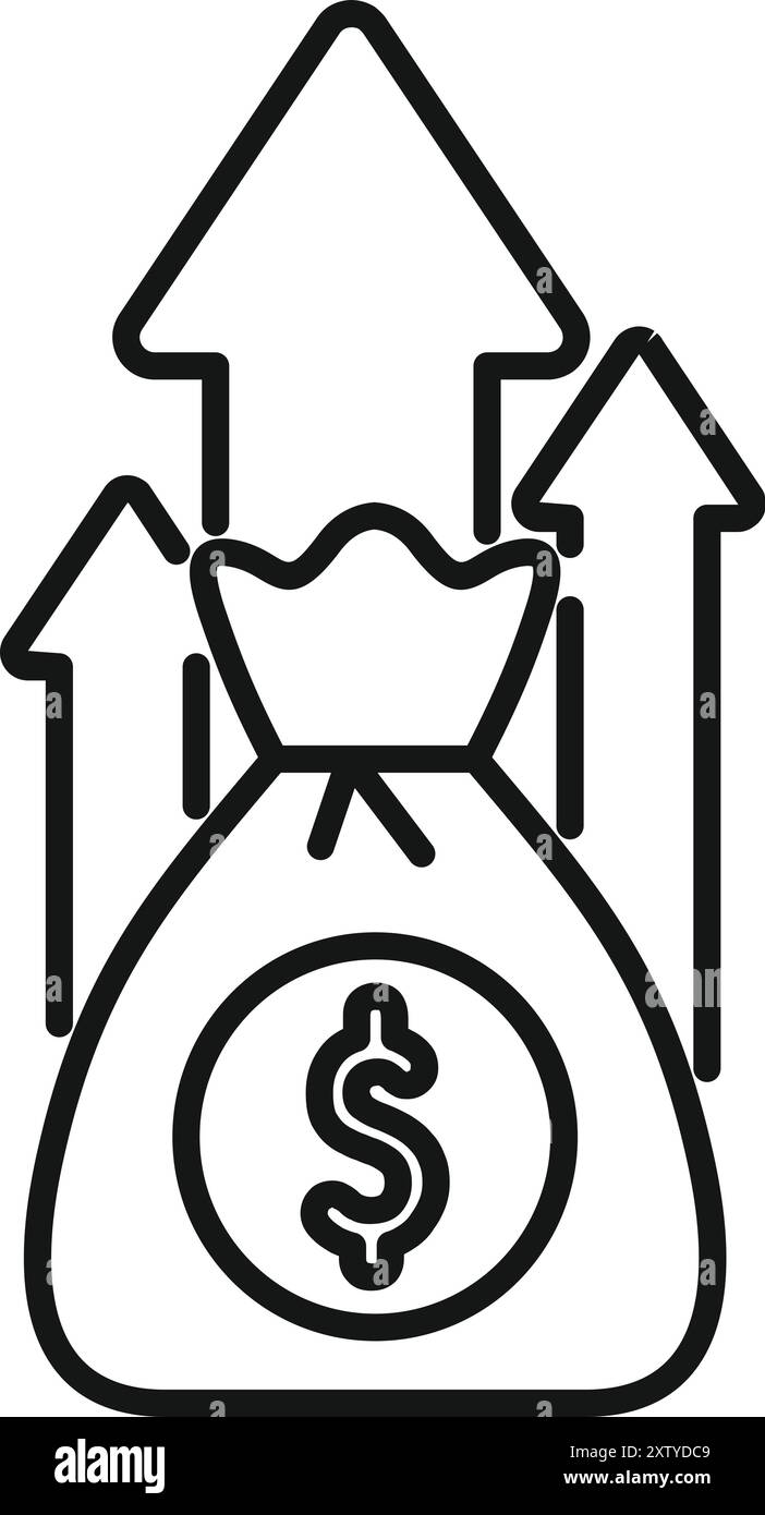 Line art vector icon of a money bag with three arrows pointing up ...