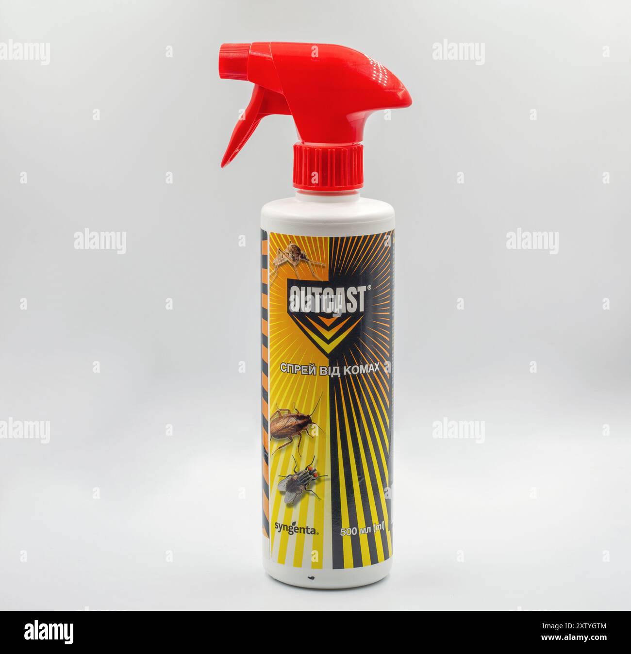 Kyiv, Ukraine - July 20, 2023: Studio shoot of Syngenta Outcast spray chemicals for getting rid of cockroaches, ants and other crawling insects closeu Stock Photo