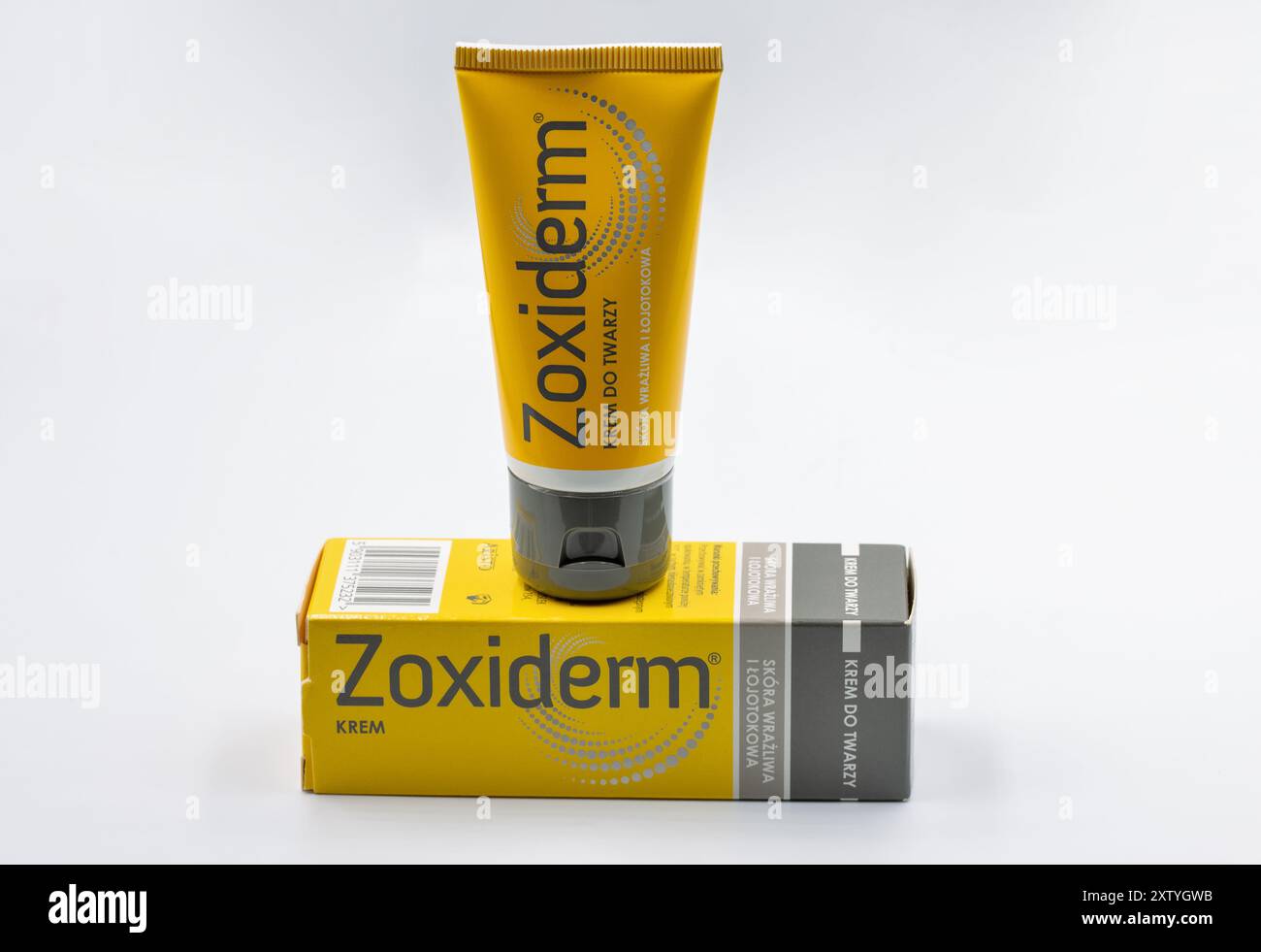 Kyiv, Ukraine - June 15, 2024: Studio shoot of Zoxiderm face cream for sensitive facial skin and with manifestations of seborrhea tube and box by Aris Stock Photo