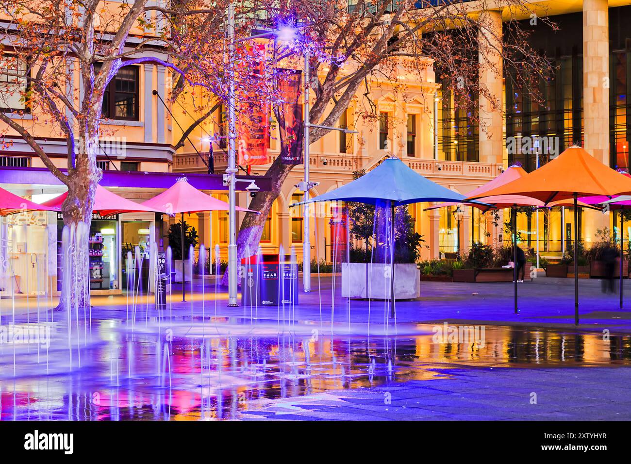 Entertainment district around Parramatta Town Hall city council historic building at sunset in Sydney, Australia, Stock Photo