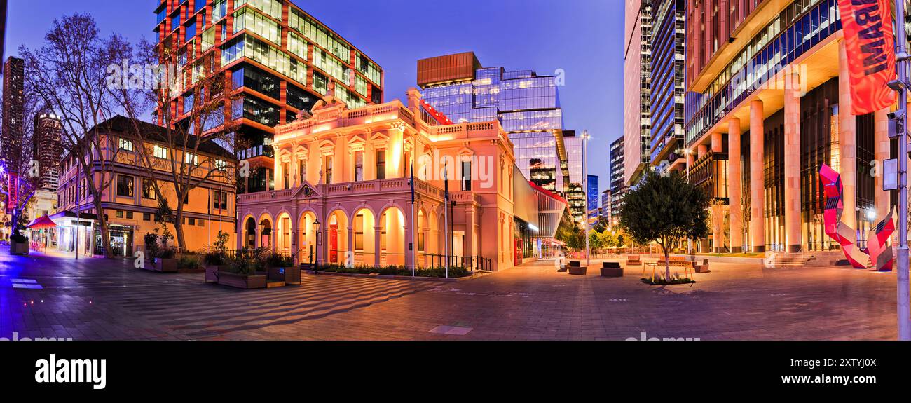 Short urban city architecture panorama of City of Parramatta town hall council building at sunset. Stock Photo