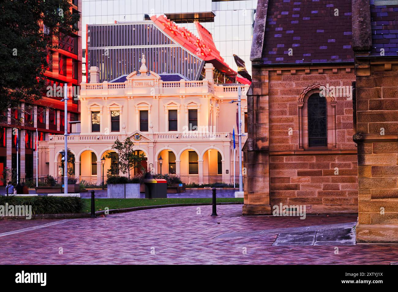 Urban city square in city of Parramatta CBD in Western Sydney at sunset. Stock Photo