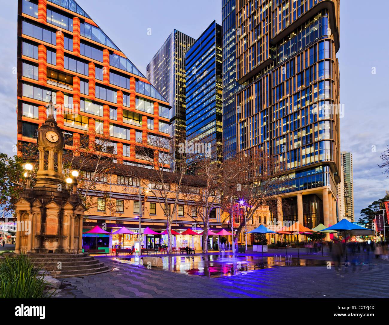Scenic illuminated urban square in the city of Parramatta CBD of Western Sydney near Town Hall and modern towers. Stock Photo