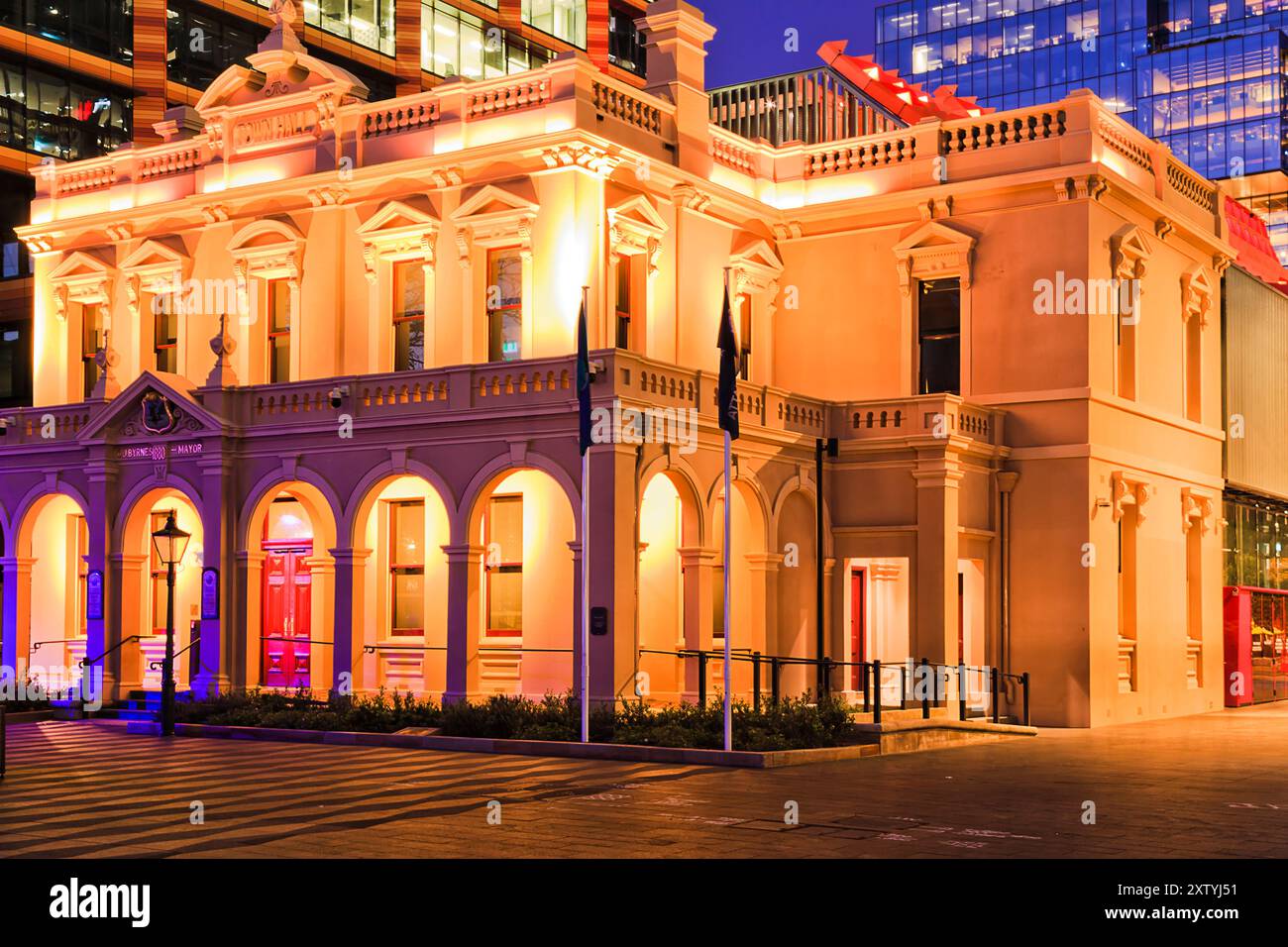 Tight framed view of Parramatta city town hall building at sunset - historic and modern architecture in Australia Western Sydney. Stock Photo