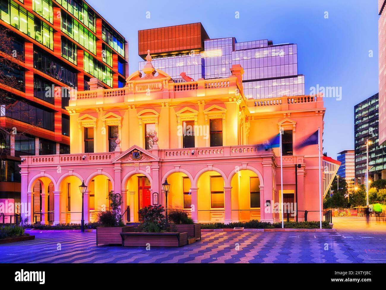 Scenic classical facade of historic Town Hall building in the city of Parramatta at sunset. Stock Photo