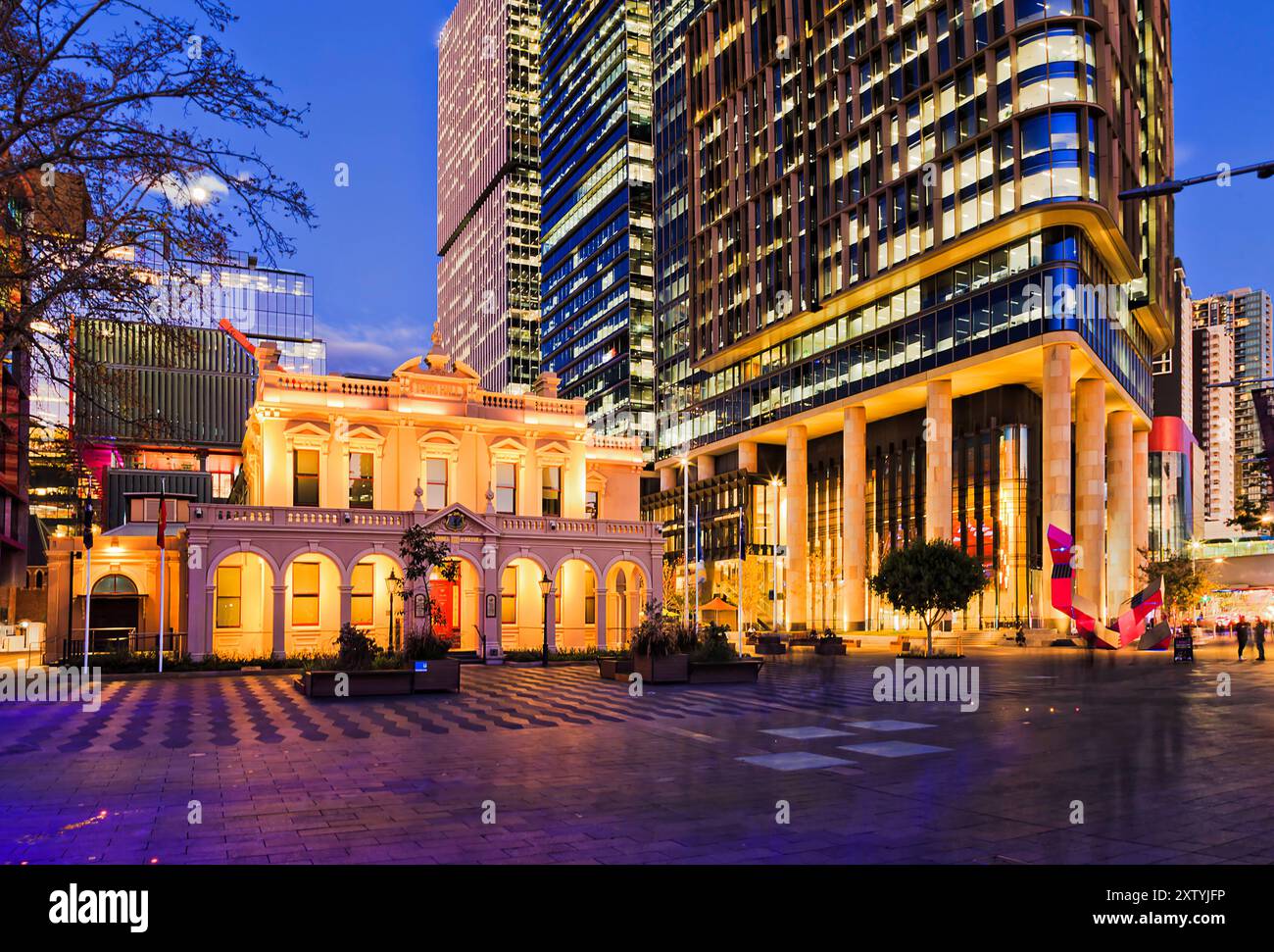 Parramatta CBD townhall historic building and modern urban high-rise towers at sunrise. Stock Photo