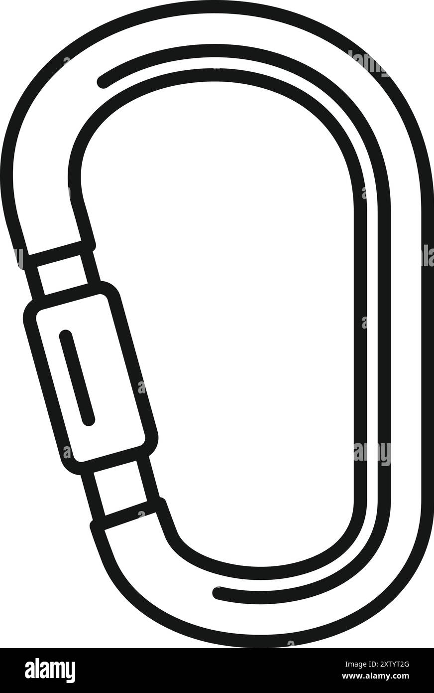 This simple black and white vector icon represents a carabiner, an ...