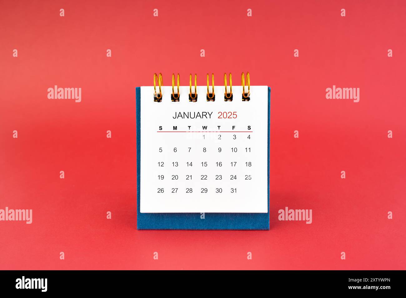 january-2025-white-desk-calendar-on-red-color-background-stock-photo-alamy