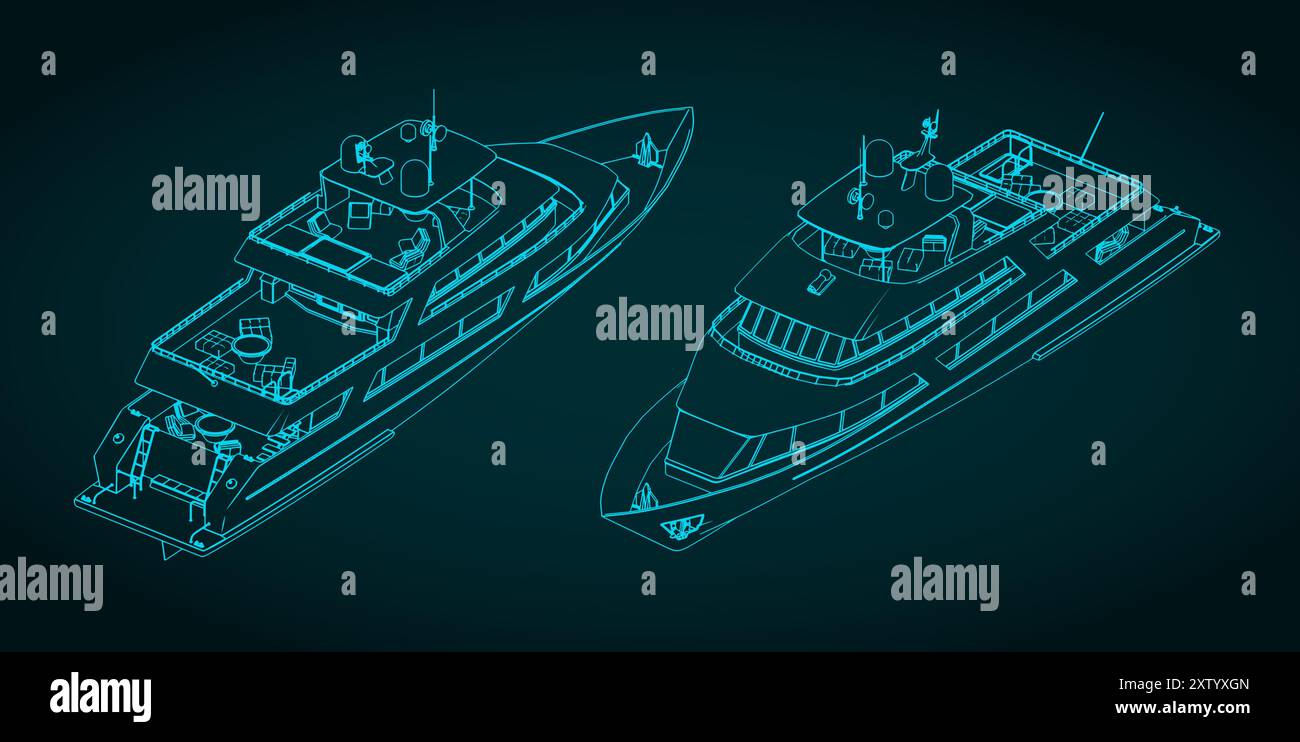 Stylized vector illustrations of isometric blueprints of a luxury yacht ...