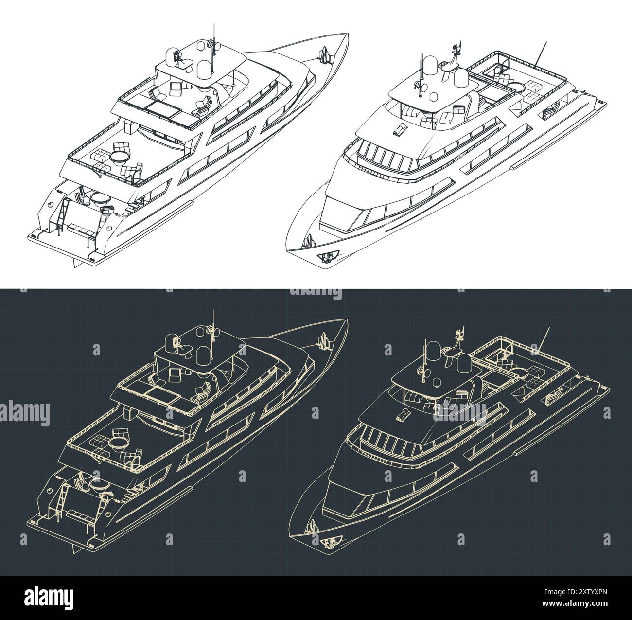 Stylized vector illustrations of isometric technical drawings of a ...