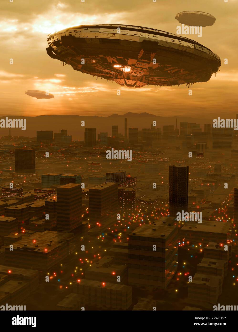 Friend of foe? Space craft of extraterrestrial origin appear in the skies above a major city. Stock Photo
