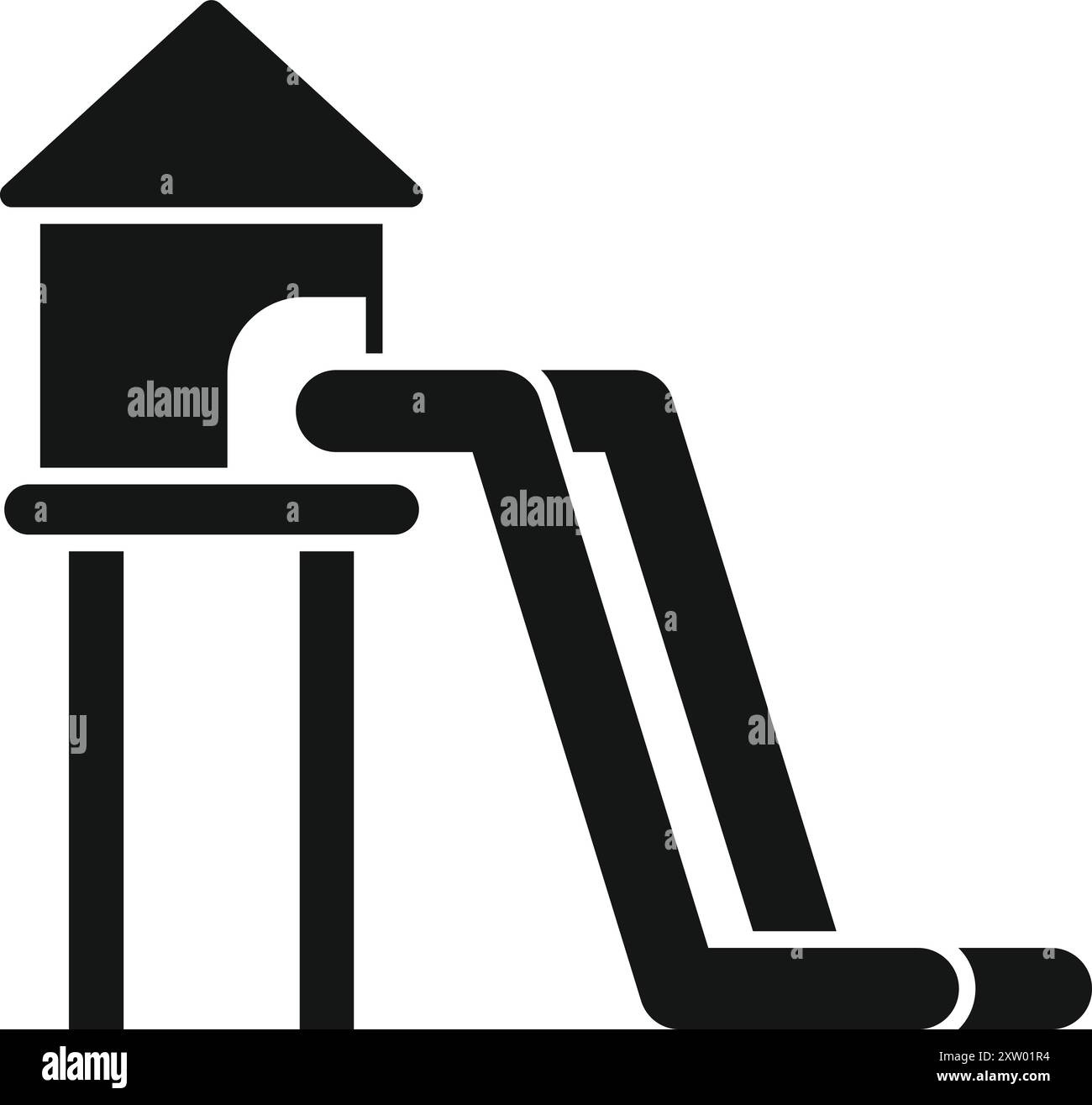 Black solid icon for a double waterslide starting from a platform with a roof Stock Vector