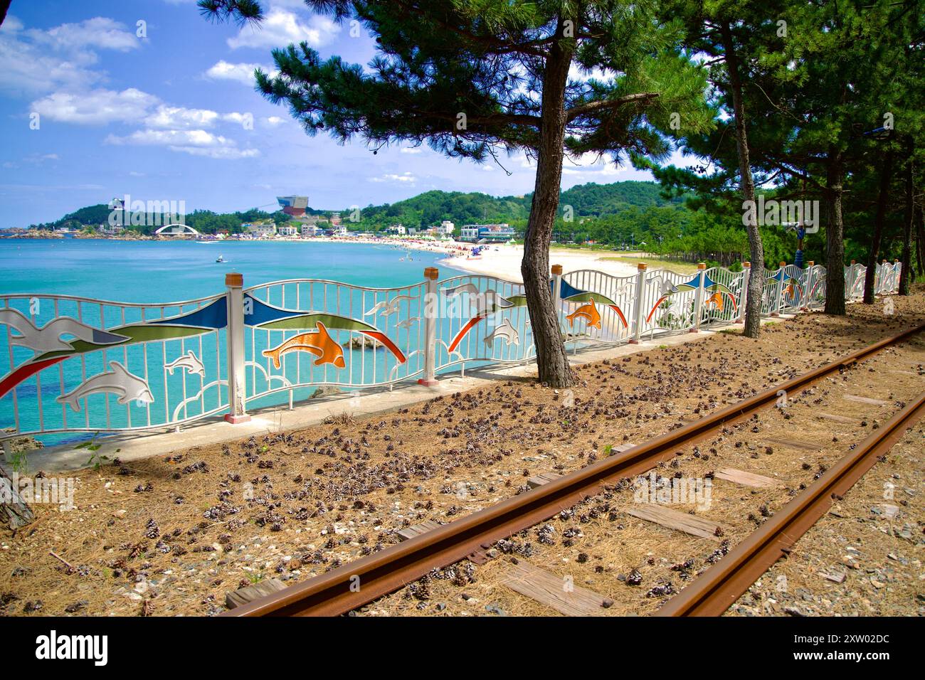 Yonghwa Beach, Samcheok, rail bike, Korea, beach, turquoise water, scenic, rail tracks, coastal, summer, travel, adventure, nature, exploration, pine Stock Photo