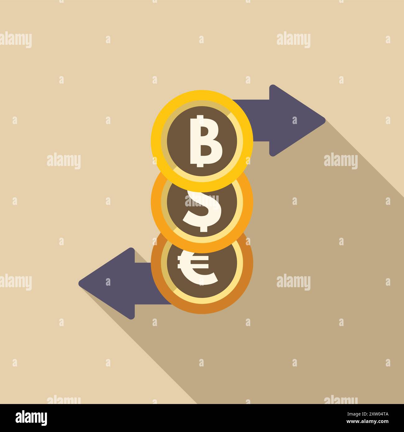 Currency exchange concept showing converting bitcoin, dollar and euro with arrows Stock Vector
