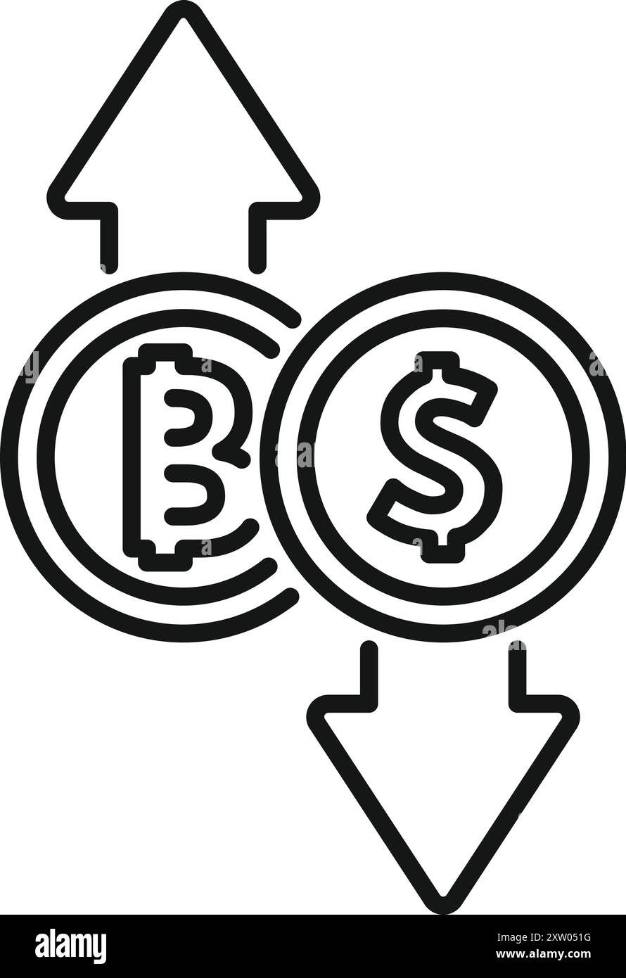 Line art vector icon of the exchange rate of bitcoin cryptocurrency increasing as the value of the dollar decreases Stock Vector