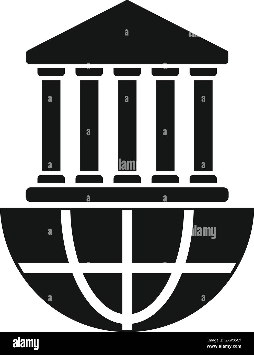 Simple icon of a government building standing on top of a globe, representing global governance and international politics Stock Vector