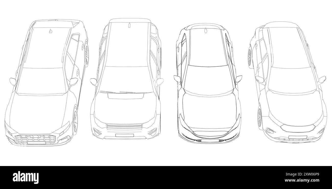 Set of contours different models of cars. Vector flat style illustration. Front view car vector illustration Stock Vector