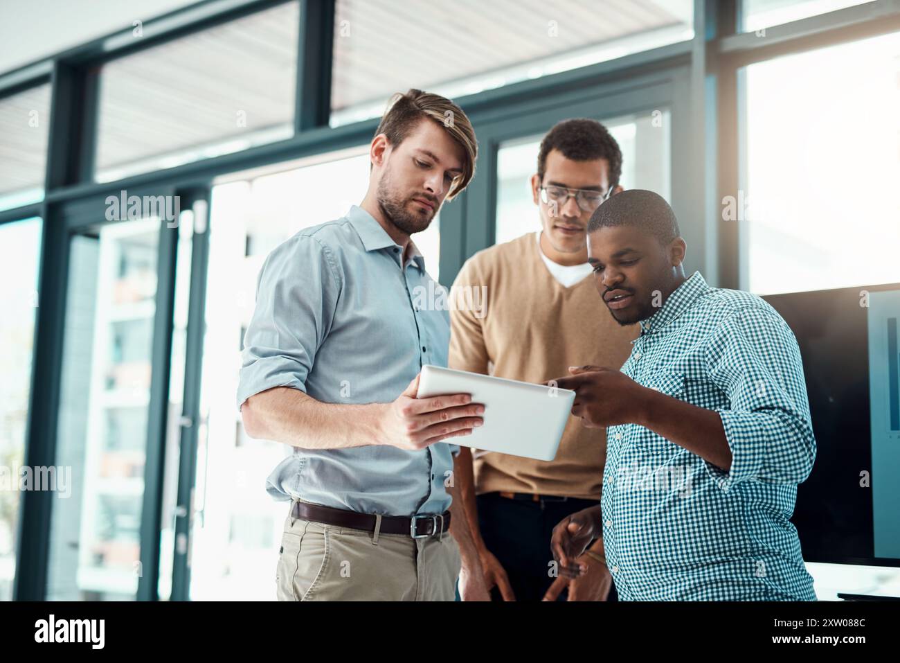 Tablet, business men and web collaboration for app developer project ...