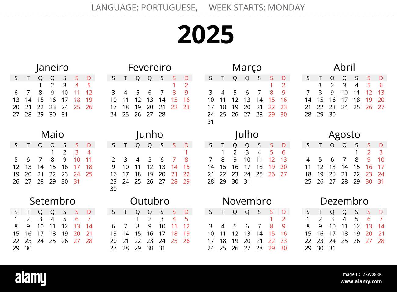 PORTUGUESE calendar for 2025 year. Printable and editable vector illustration for Portugal Stock