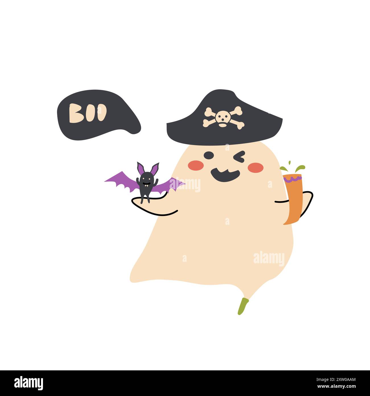 Cute halloweens ghost pirate. Childrens character with funny face and speech bubble boo or spooky night. Stock Vector