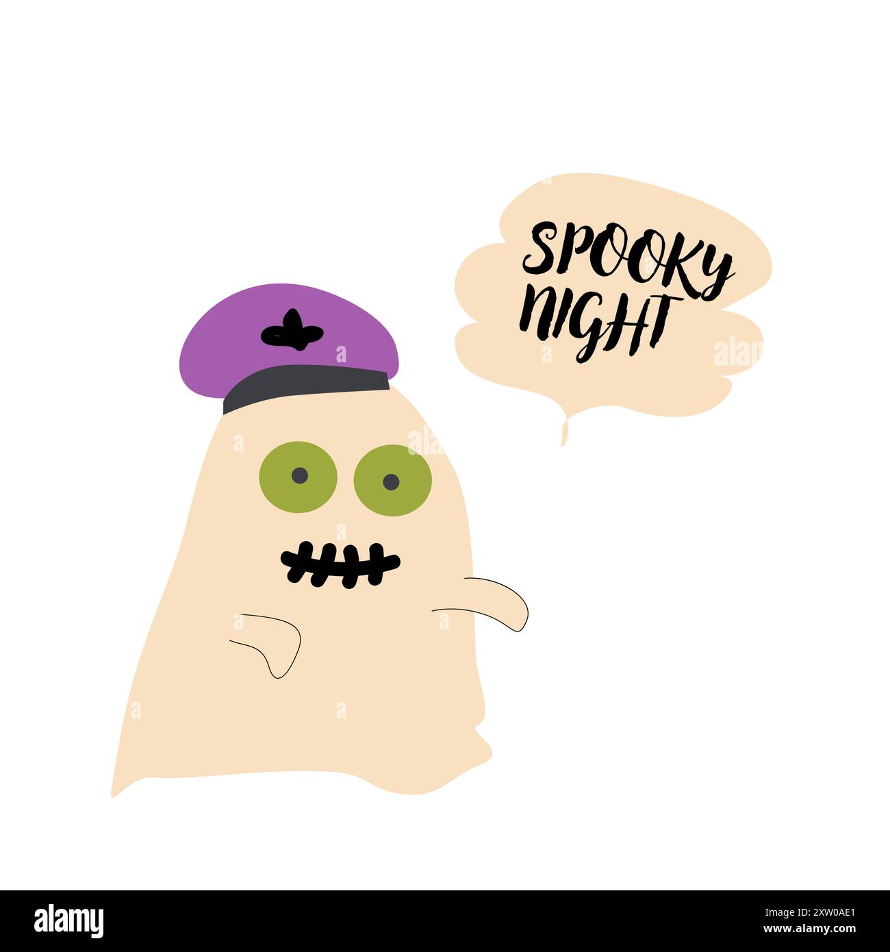 Cute halloweens ghost zombie. Childrens character with funny face and speech bubble boo or spooky night. Stock Vector