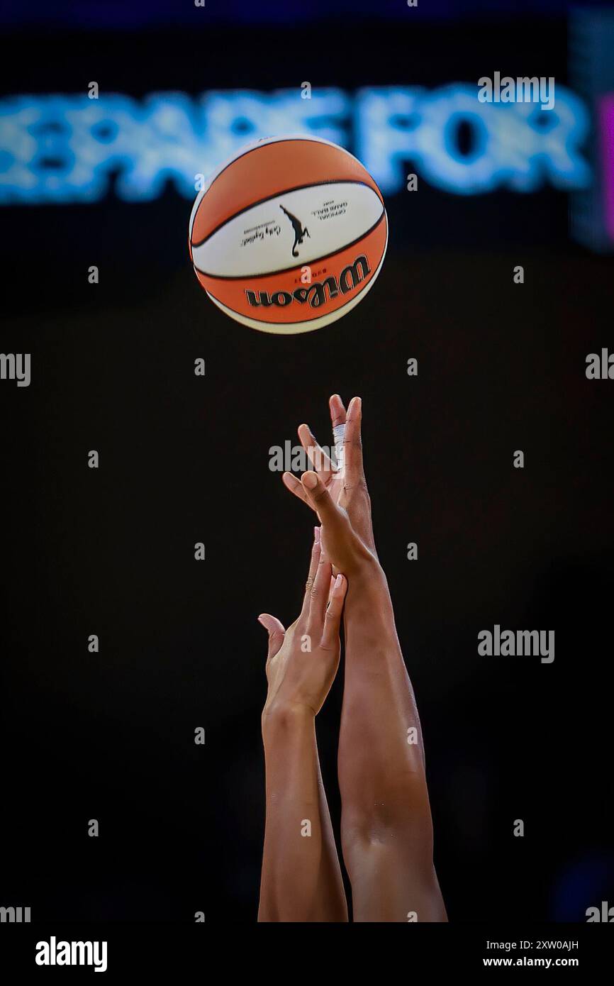 Arlington, Texas, USA. 16th Aug, 2024. Opening tip-off at the WNBA game between the Connecticut Sun and Dallas Wings at College Park Center. The Sun win 109-91. (Credit Image: © Mark Fann/ZUMA Press Wire) EDITORIAL USAGE ONLY! Not for Commercial USAGE! Credit: ZUMA Press, Inc./Alamy Live News Stock Photo