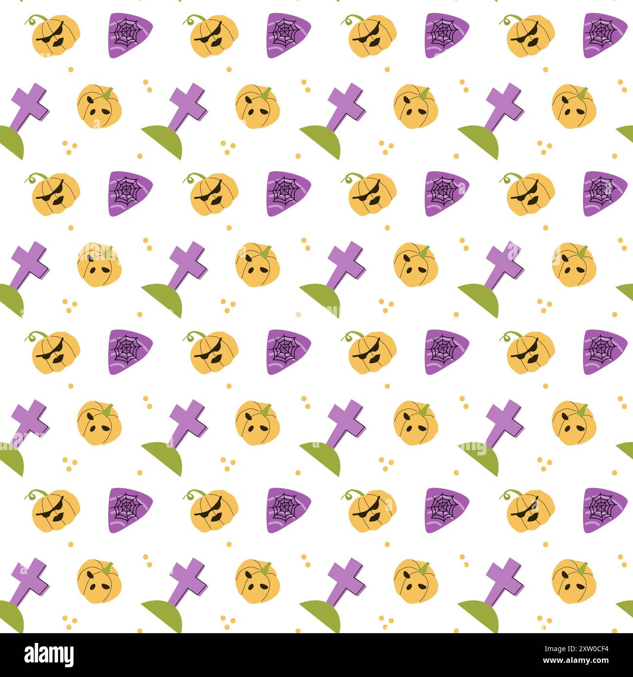 Childrens cute spooky halloween pattern with cute characters. Pumkins, graves, candy with spiderweb. Cute childish seamless pattern. Stock Vector