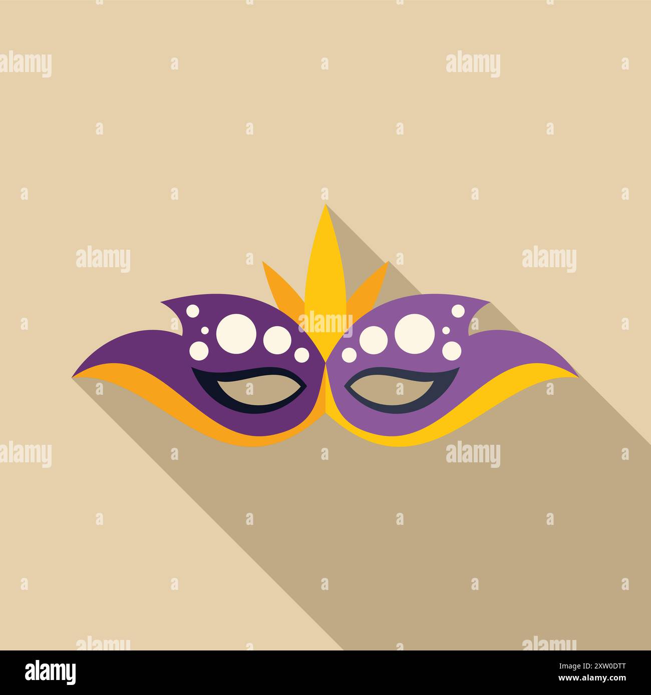 Festive purple and yellow mardi gras mask with feathers and pearls is laying flat with long shadow Stock Vector