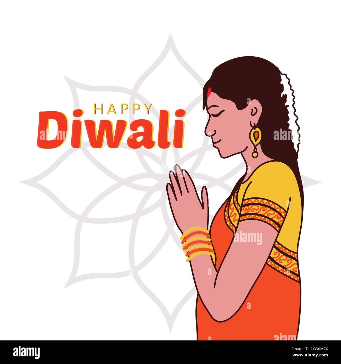 Happy Diwali Poster with Indian woman praying illustration, vector design Stock Vector
