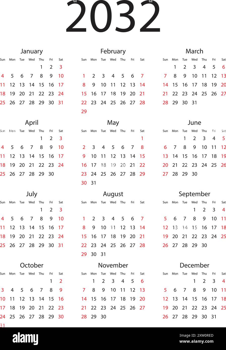 Calendar 2032 year icon in flat style. Planner vector illustration on ...
