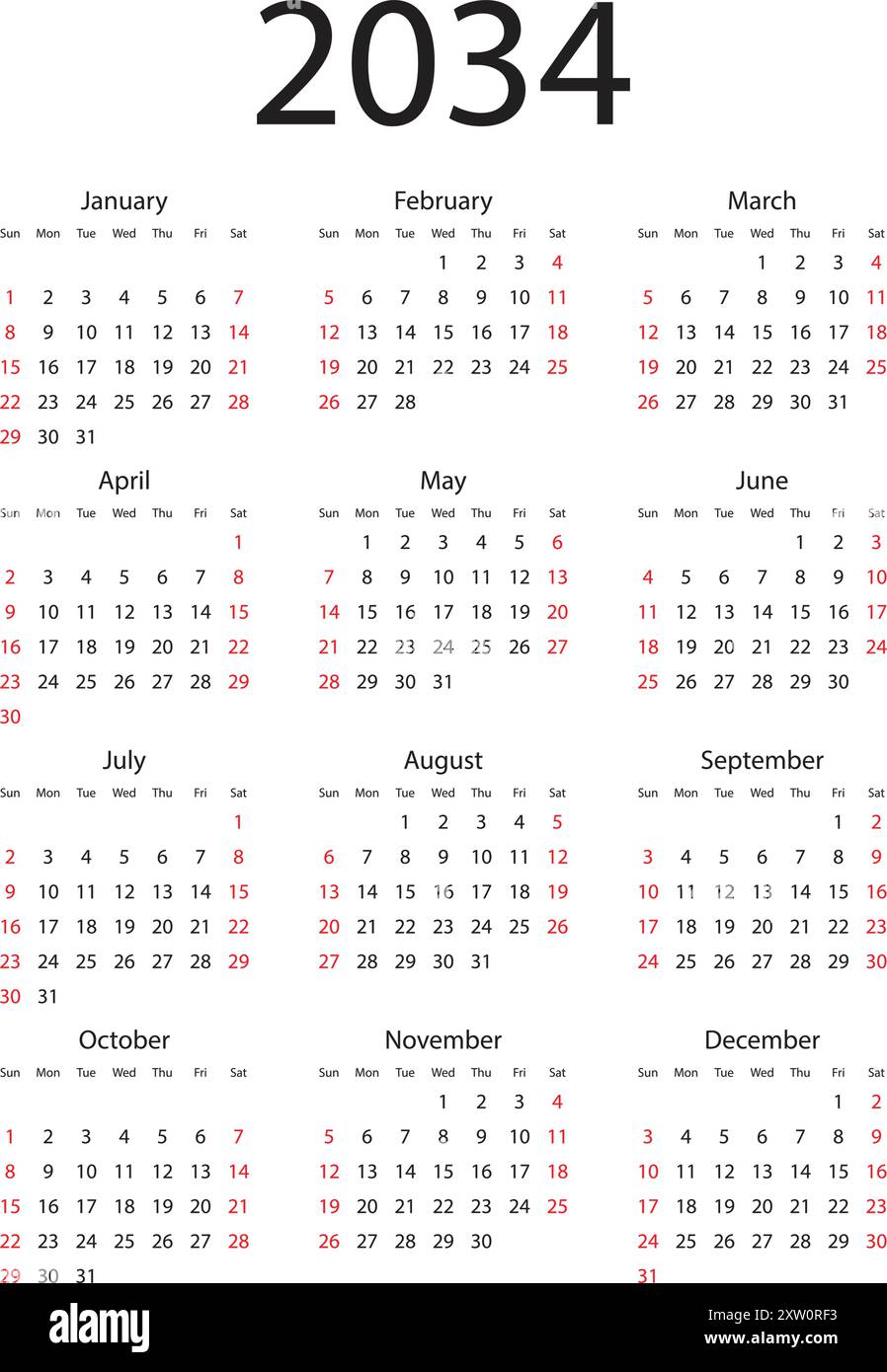 Calendar 2034 year icon in flat style. Planner vector illustration on ...