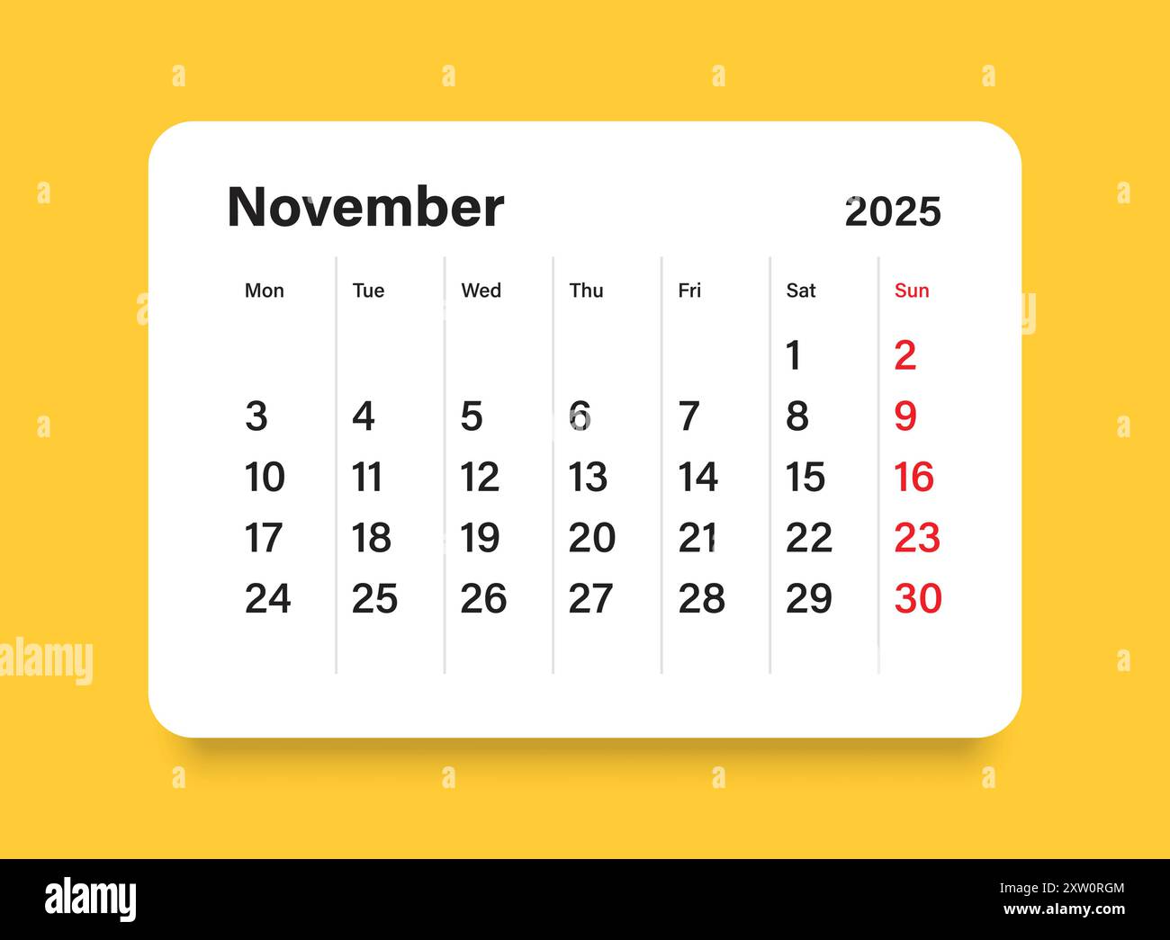 Calendar november 2025 icon in flat style. Planner vector illustration