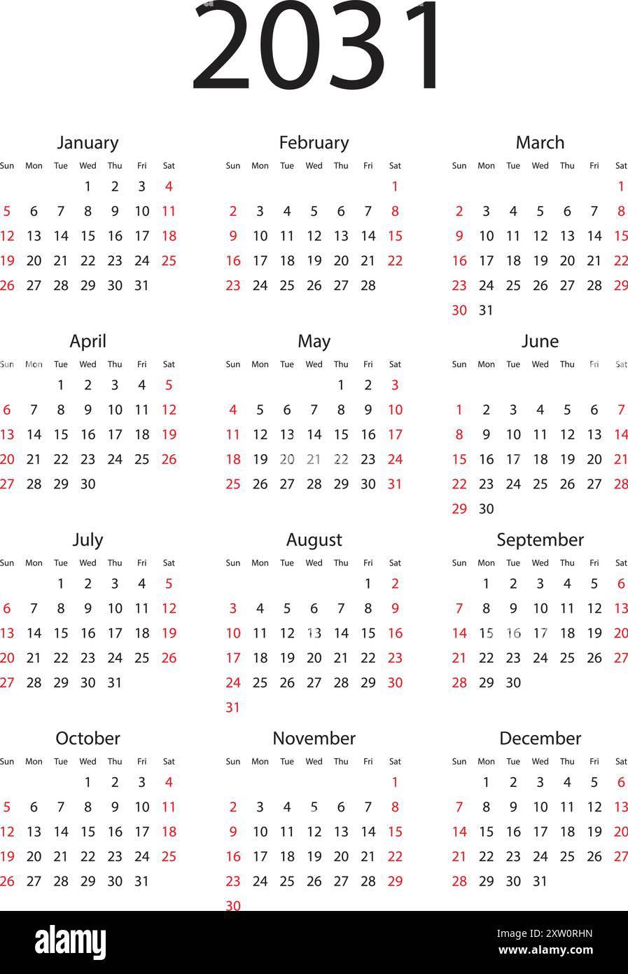 Calendar 2031 year icon in flat style. Planner vector illustration on ...