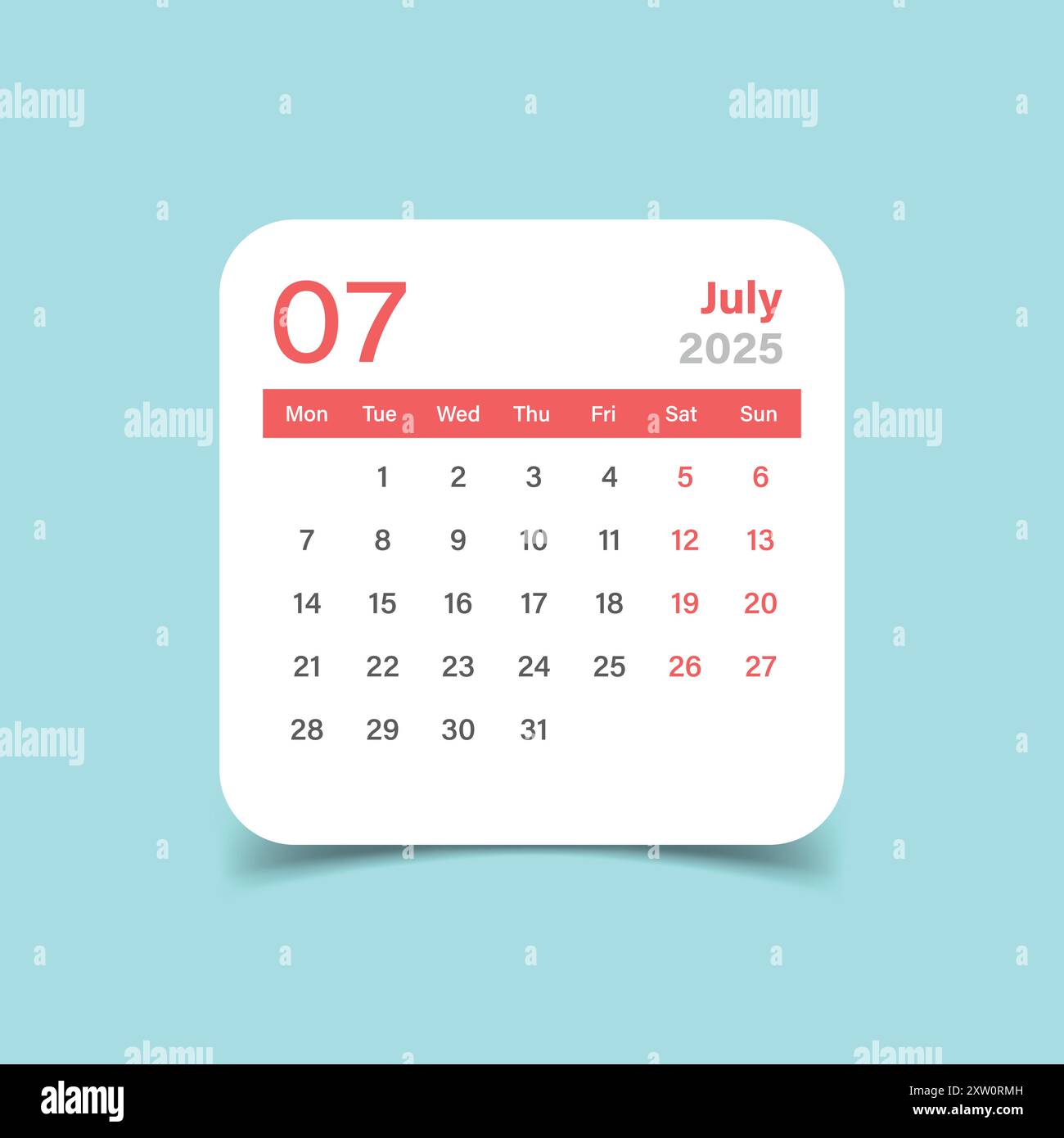 Calendar july 2025 icon in flat style. Planner vector illustration on ...