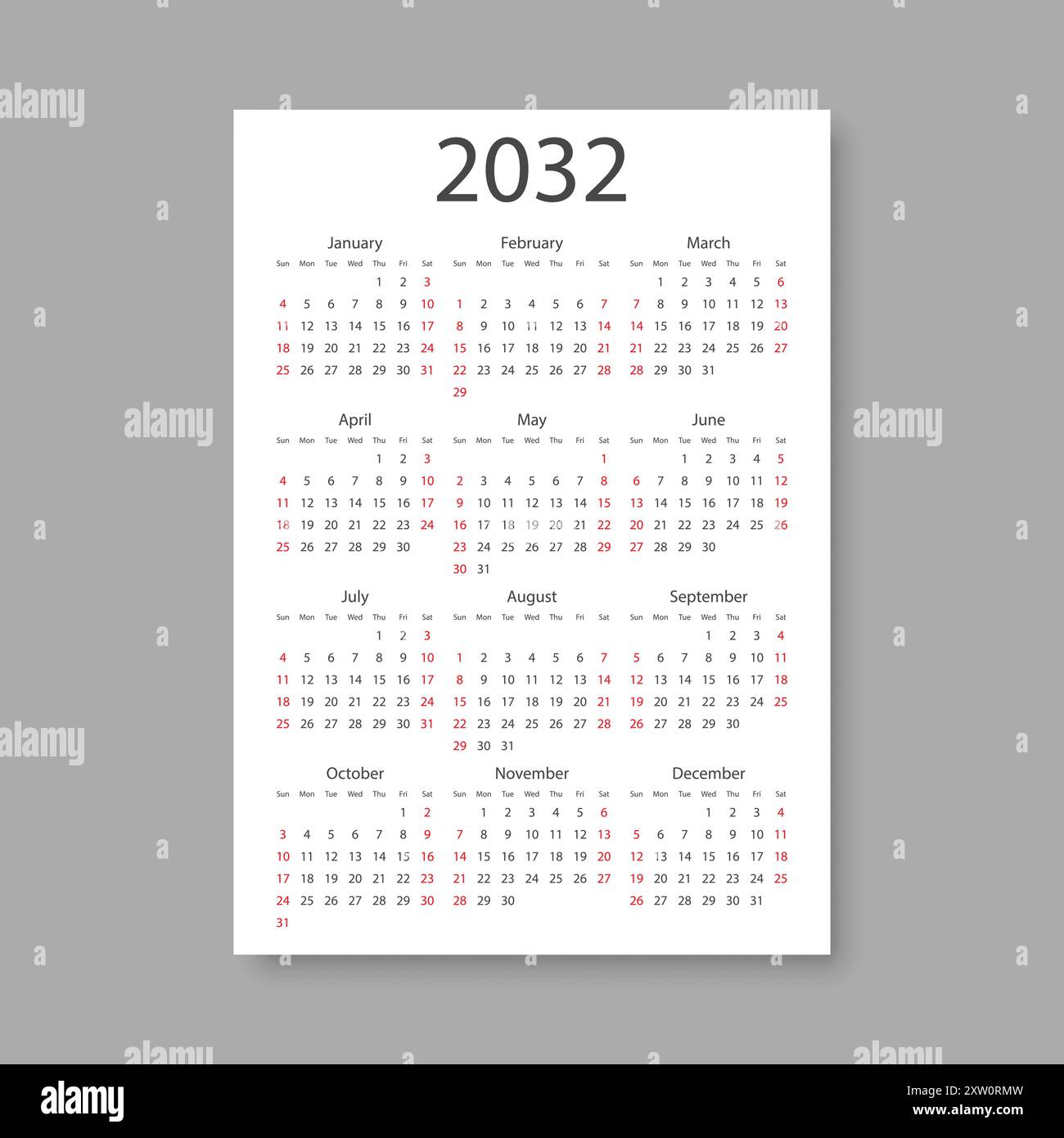 Calendar 2032 year icon in flat style. Planner vector illustration on ...