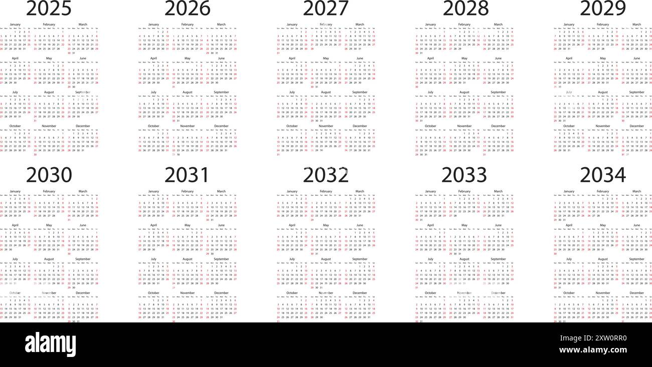 Calendar grids from 2025 to 2034 icon in flat style. Planner vector illustration on isolated background. Calender sign business concept. Stock Vector