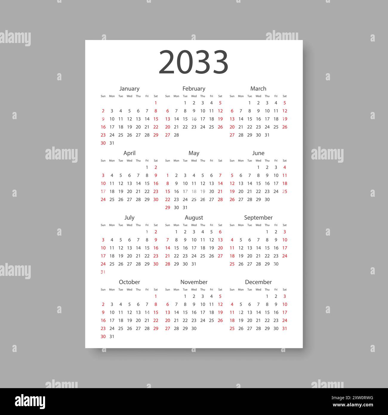 Calendar 2033 year icon in flat style. Planner vector illustration on