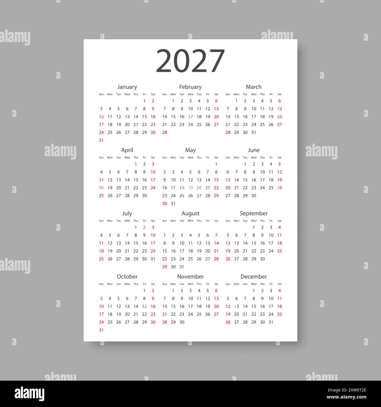 Calendar 2027 year icon in flat style. Planner vector illustration on