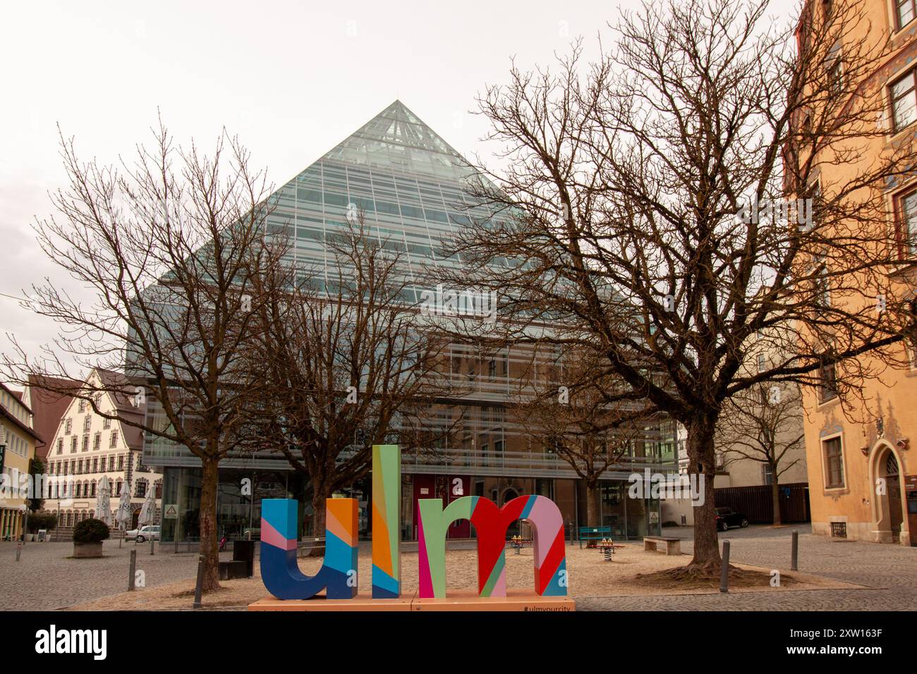 ULM, GERMANY - FEBRUARY 18, 2024: Photo zone in Ulm against the backdrop of the New Library building Stock Photo