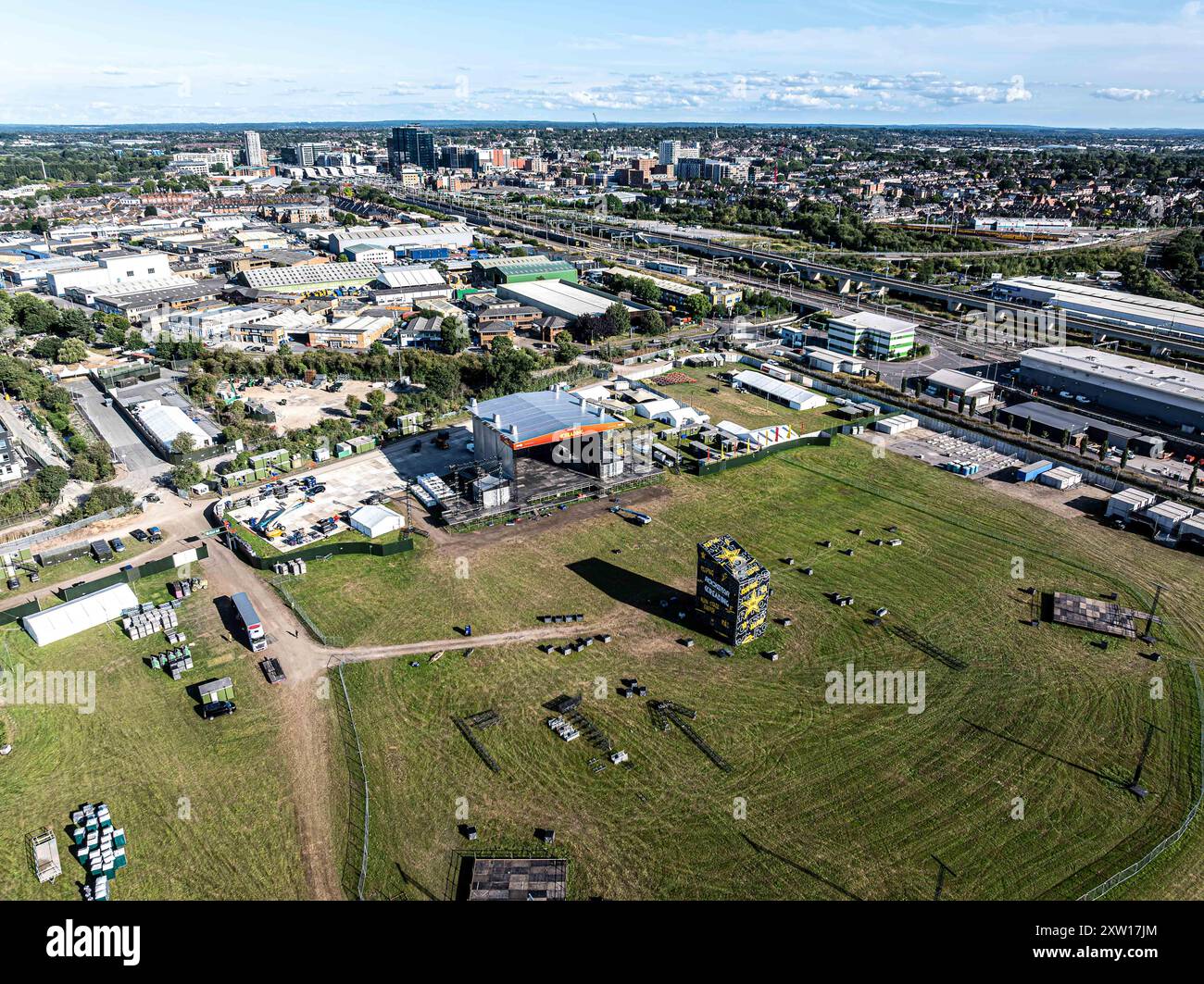 Reading Festival stage and site under construction, Reading, United Kingdom, 16 August 2024. Drone aerial view of the festival build. Stock Photo