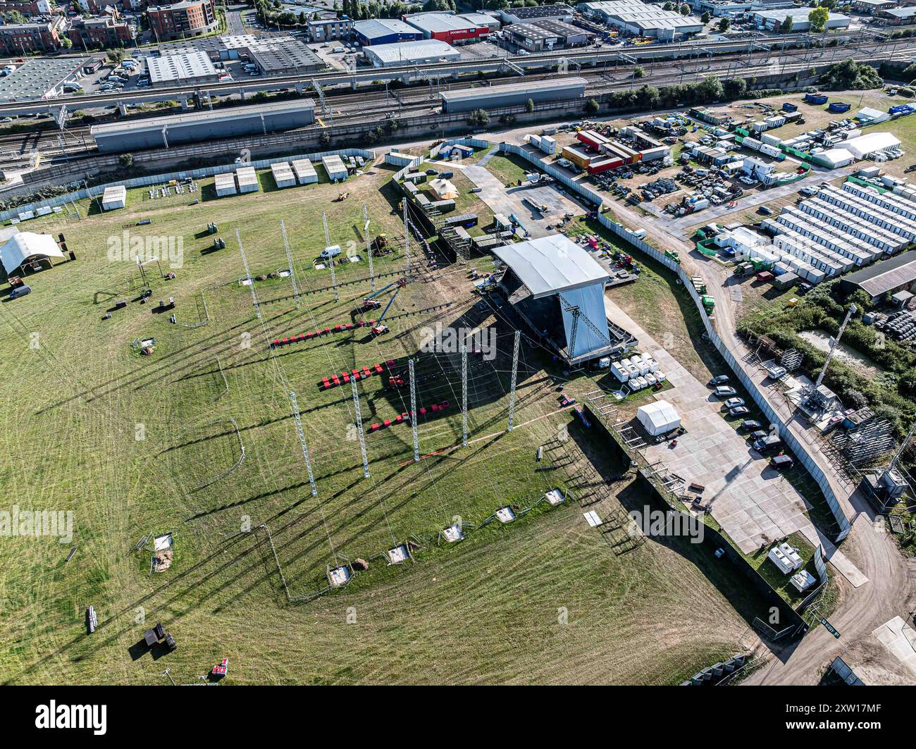 Reading Festival stage and site under construction, Reading, United Kingdom, 16 August 2024. Drone aerial view of the festival build. Stock Photo