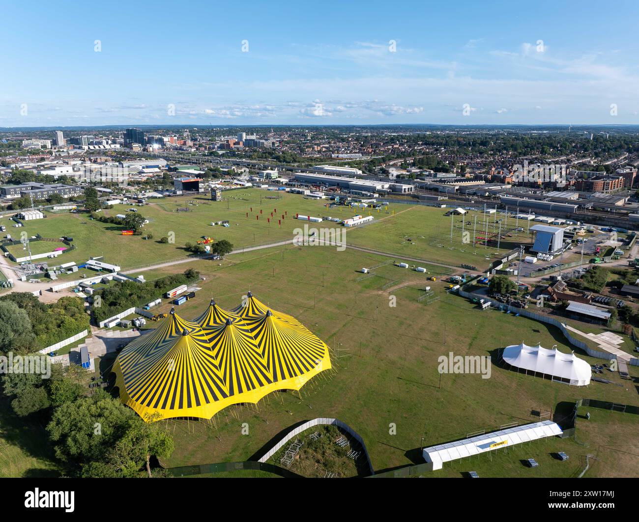 Reading Festival stage and site under construction, Reading, United Kingdom, 16 August 2024. Drone aerial view of the festival build. Stock Photo