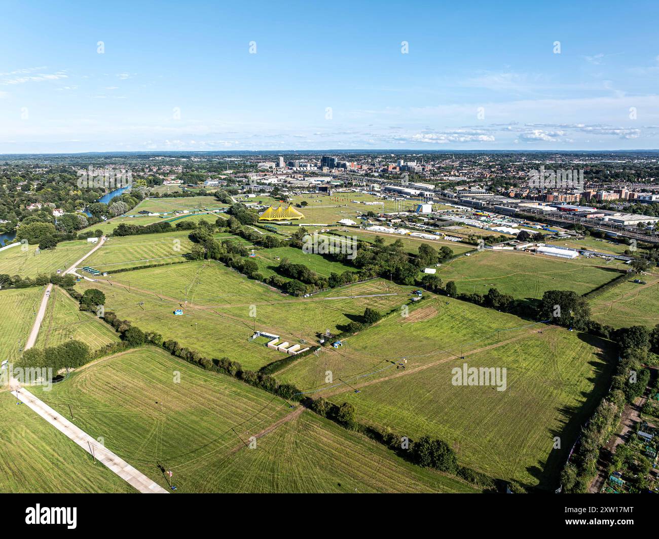 Reading Festival stage and site under construction, Reading, United Kingdom, 16 August 2024. Drone aerial view of the festival build. Stock Photo