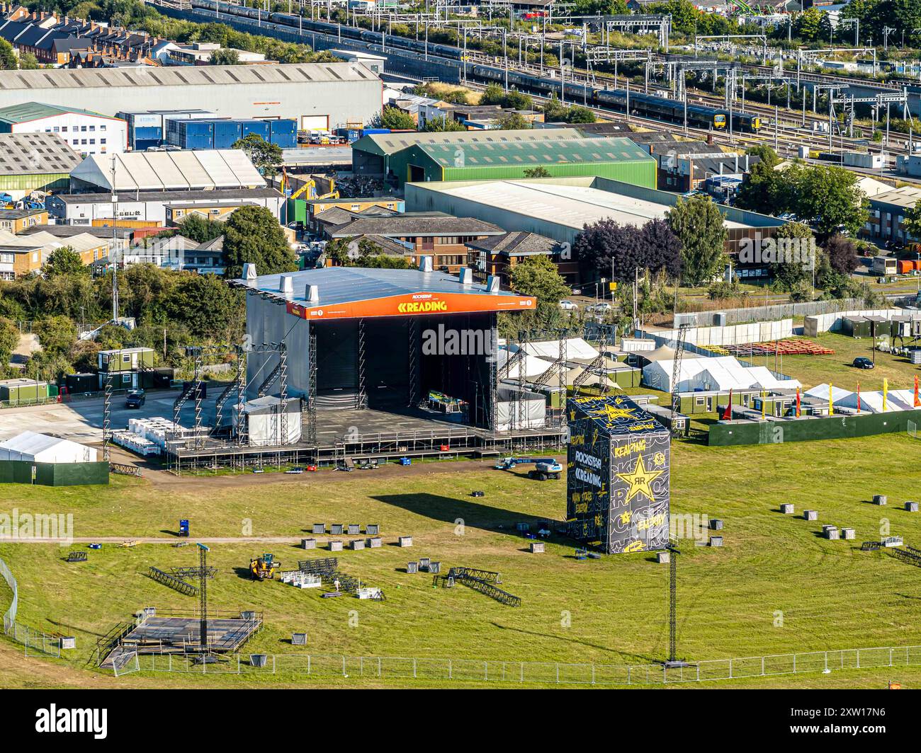 Reading Festival stage and site under construction, Reading, United Kingdom, 16 August 2024. Drone aerial view of the festival build. Stock Photo