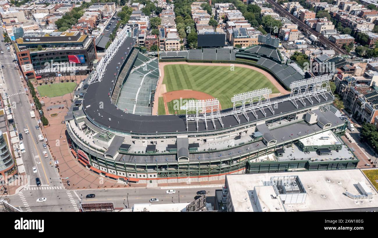 An aerial view of Major League Baseball's Chicago Cubs' Wrigley Field stadium in the Wrigleyville neighborhood of Chicago. Stock Photo