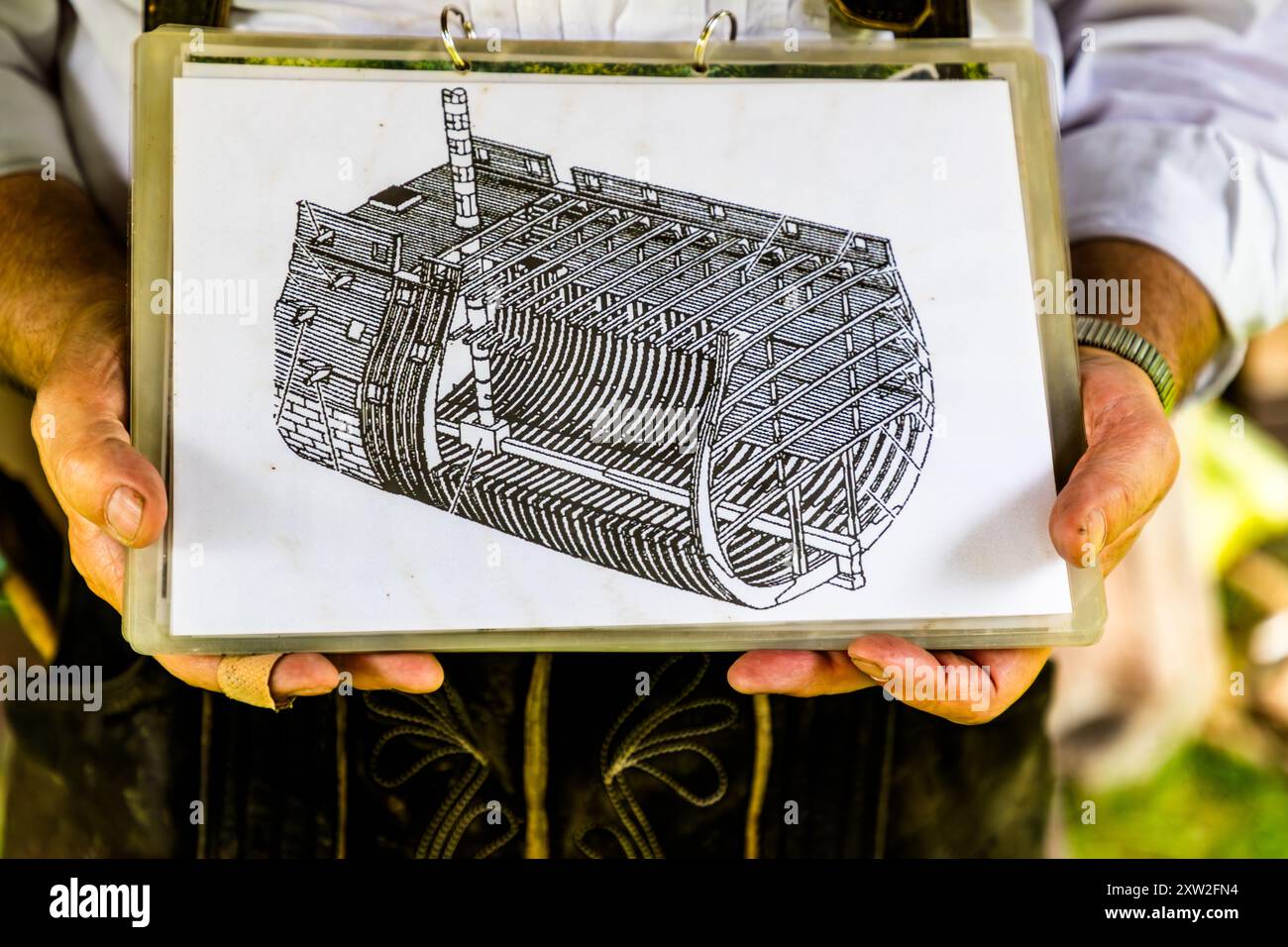 Raftsman Martin Sprang is holding a display board featuring a technical drawing showing the framework of a wooden sailing ship’s hull under construction – with the characteristically curved ribs, for which trees with naturally crooked trunks were specifically selected in the Black Forest. Spreng, chairman of the German Rafting Association, is demonstrating the historic Black Forest rafting tradition at the Monhardter Wasserstube near Altensteig, Baden-Württemberg, Germany. Rafting has been recognised as a UNESCO Intangible Cultural Heritage since 2022. Stock Photo