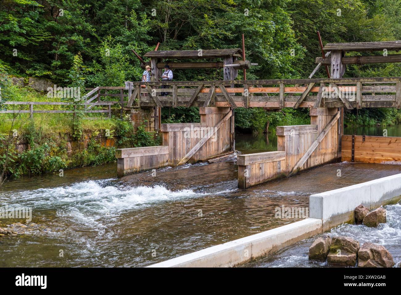 Rafters' weir at the Monhardter Wasserstube. You can see the rafters' lane, where rafts used to set off on the Nagold river on a dammed-up surge of water. Altensteig, Baden-Württemberg, Germany Stock Photo
