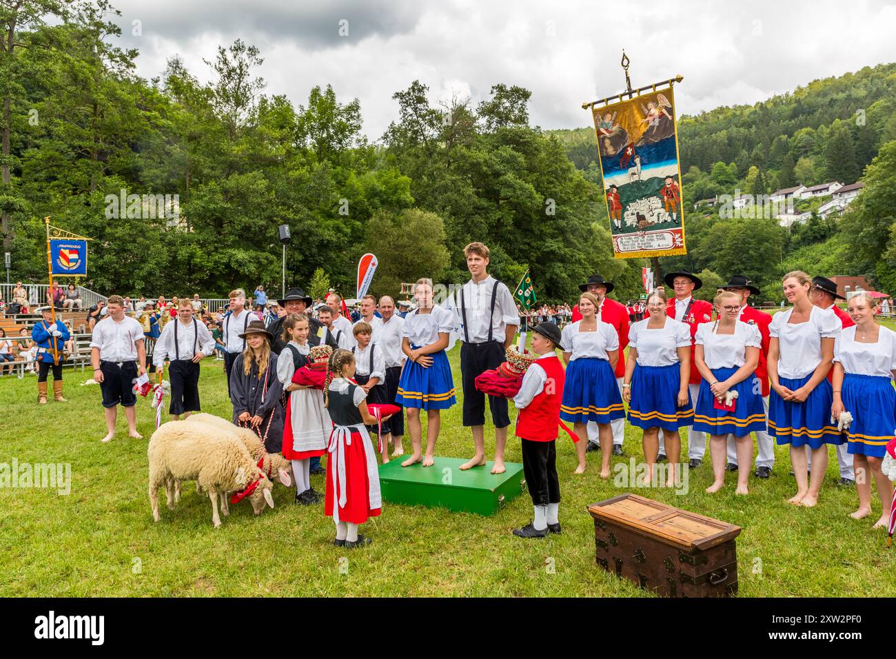 Award ceremony of the Shepherd's Run 2024 in Wildberg. In addition to the shepherd's crown, the prize is a sheep each for the queen and king. Coronation ceremony after the Shepherd's Run 2024 in Wildberg, Baden-Württemberg, Germany Stock Photo