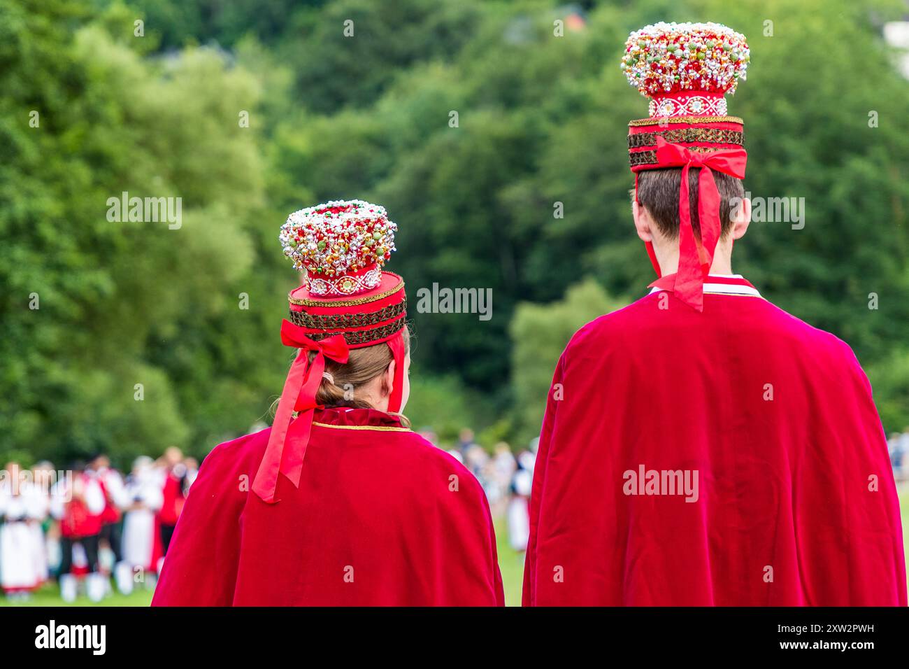 The newly crowned shepherds with the Schäppel, the traditional headdress, a crown made of pearls and pieces of glass. Coronation ceremony after the Shepherd's Run 2024 in Wildberg, Baden-Württemberg, Germany Stock Photo